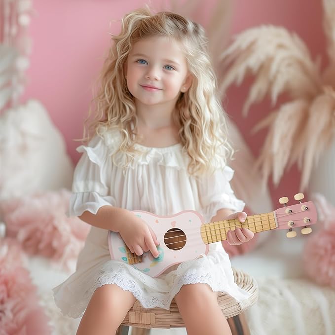 Kids Guitar for Girls, Wooden Musical Instruments Toys with Ukulele, Tambourine, Maracas, Harmonica, Mini Band Sets for Toddlers 2 3 Years Old Birthday Gift (Pink for Girls)