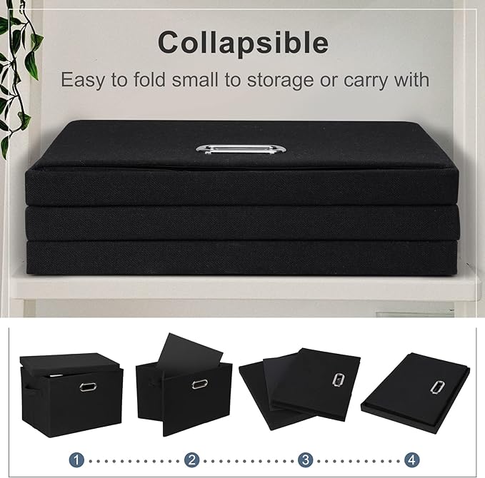 Large 17" 36 Quart Collapsible Stackable Storage Bins with Lids, 1 Pack Black Foldable Fabric Closet Storage Boxes with Lids, 4 Handles Heavy-duty Linen Cube Baskets for Bedroom