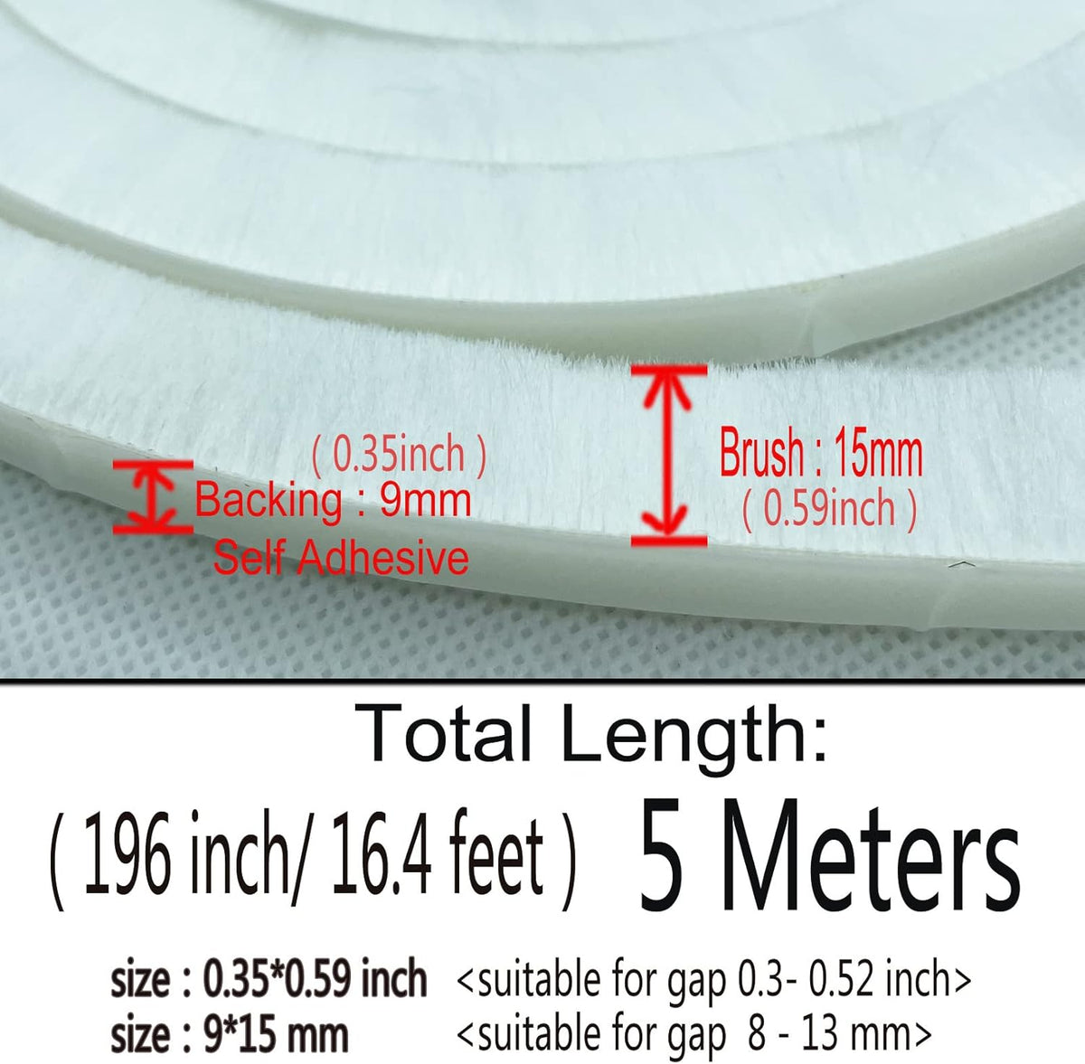 Felt Pile Weather Stripping Brush for Sliding Windows/Doors Frame Side, Self Adhesive Weatherstrip Seal Strip Sealer for Soundproofing (16ft x11/32 Backing x 9/16 Brush inch, White)