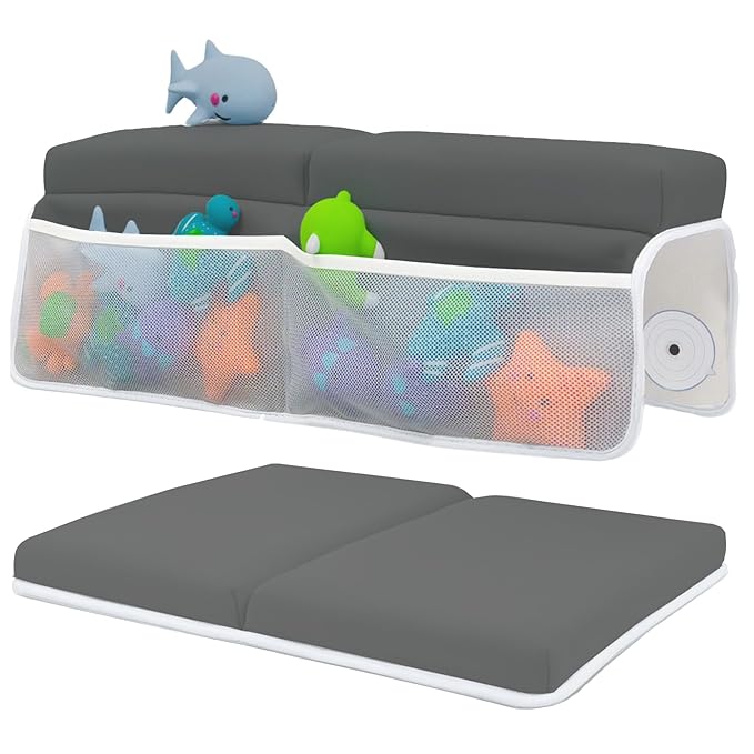 Comfortable Baby Bath Kneeler and Elbow Rest Pad Set – Thick Memory Foam Bath Kneeling Pad with Elbow Support – Baby Bathtub Cushion with Toy Organizer for Bathing Infant or Toddler - Dark Grey