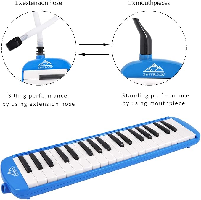 EastRock 37 Key Melodica Instrument Keyboard Soprano Piano Style with Mouthpiece Tube Sets and Carrying Bag for Beginners Adults Gift Blue