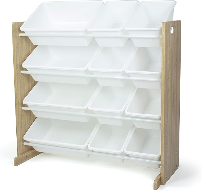 Humble Crew Kids Toy Storage Organizer with 12 Plastic Bins, Natural Wood/White – Removable Bins for Playroom, Bedroom, Toddler Furniture for Boys and Girls Ages
