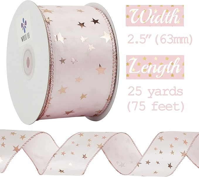 MEEDEE Rose Gold Star Satin Wired Ribbon - 2.5 Inch Pink Wedding Ribbon - 25 Yards Roll Christmas Decor