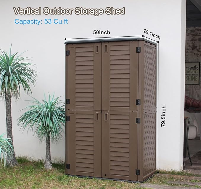 KINYING Outdoor Storage Shed Waterproof, Resin Vertical Outdoor Storage Cabinet for Patio Furniture, Garden Tools, Pool Accessories, Mower Storage (66 Cu.ft, Dark Brown)