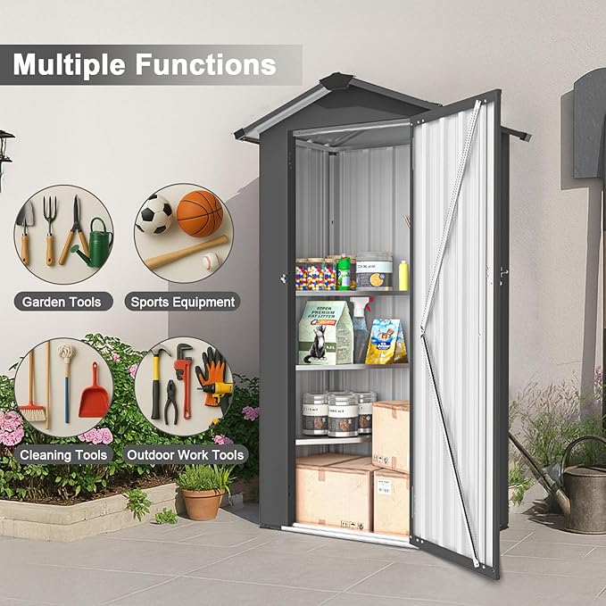 2.5x1.4 FT Heavy-Duty Black Metal Storage Shed–Lockable Small Tool Shed with Adjustable Shelves Garden Sheds & Outdoor Storage, Tool Shed Outdoor Storage in Garden, Backyard, Patio, Poolside