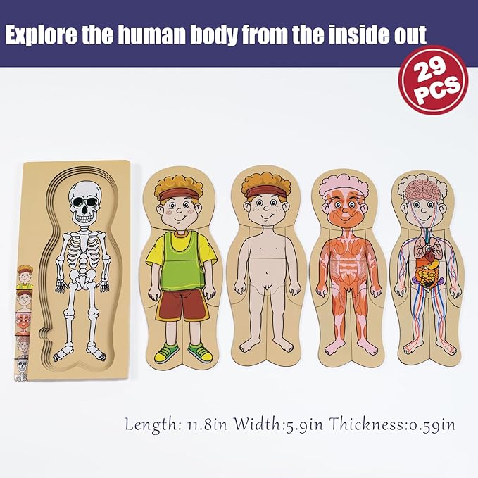 My Body Parts Puzzle for Toddlers Kids Girls Boys Montessori Wooden Anatomy Puzzle 3-5 Years Old Preschool Learning Game Human Body Cognitive Toys