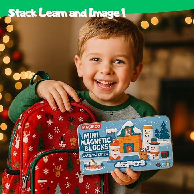 45PCS Mini Magnetic Blocks Christmas Set – Holiday STEM Building Cubes for Kids, Educational Travel Magnet Toy with Iron Box, Creative & Safe Gift for Boys & Girls Ages 3–8