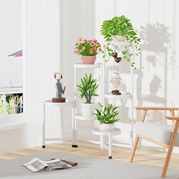 iDavosic.ly Plant Stand Indoor Outdoor, 6 Tier Corner Metal Flower Display Holder Shelf, Folding Tall Orchid Rack for Patio Balcony Porch Garden Living Room House, White