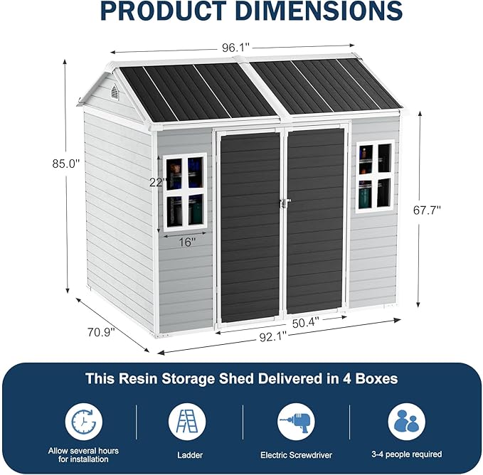 CDCASA 8x6 FT Resin Storage Sheds with Floor, Waterproof Large Outdoor Sheds & 2 Windows,Outside Plastic Tool Shed for Backyard Garden Patio Lawn