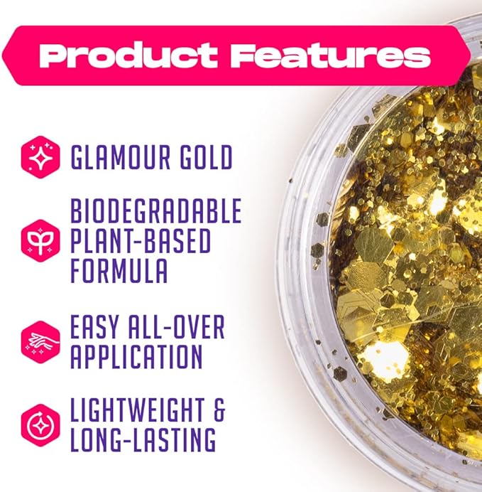 Gold Biodegradable Glitter Makeup | Plant Based, Eco Friendly, Hair Glitter, Face Glitter or Body Glitter | Cosplay, EDM Music Festival, and Rave Makeup Accessory | 5 Grams of Chunky Glitter