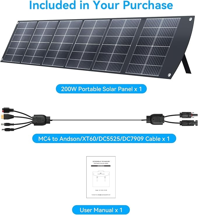 Ecosonique 200W Portable Solar Panel for Power Stations, Foldable & Lightweight with Kickstand, USB-C PD3.0 & USB-A QC3.0, MC4 & Multi-Output for Solar Generators, RVs, Camping, and Outdoor Use