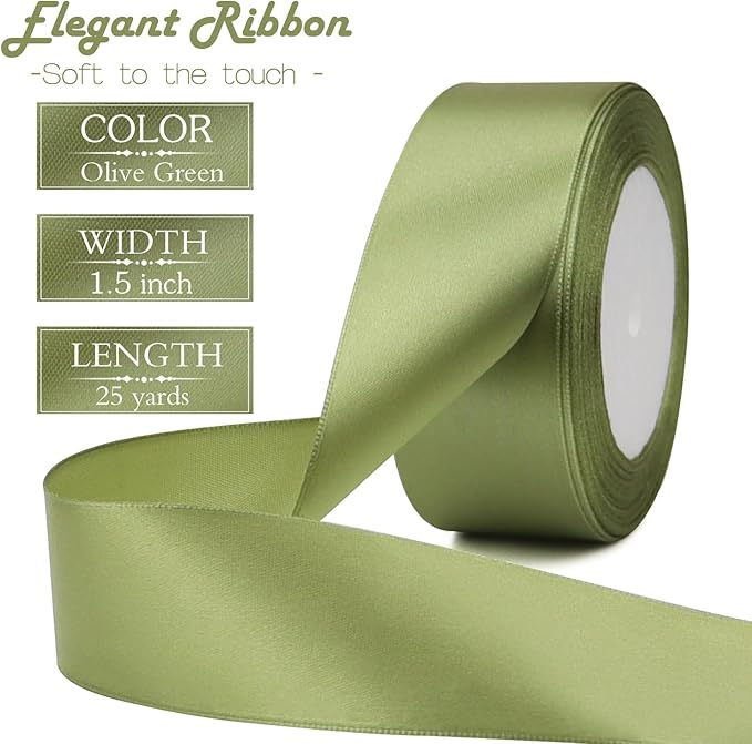 Olive Green Solid Satin Ribbon 1-1/2 Inch 25 Yards Solid Polyester Fabric Ribbon for Gift Wrapping Wedding Christmas Baby Shower Birthday Party Decoration Handmade Immortal Flower Craft