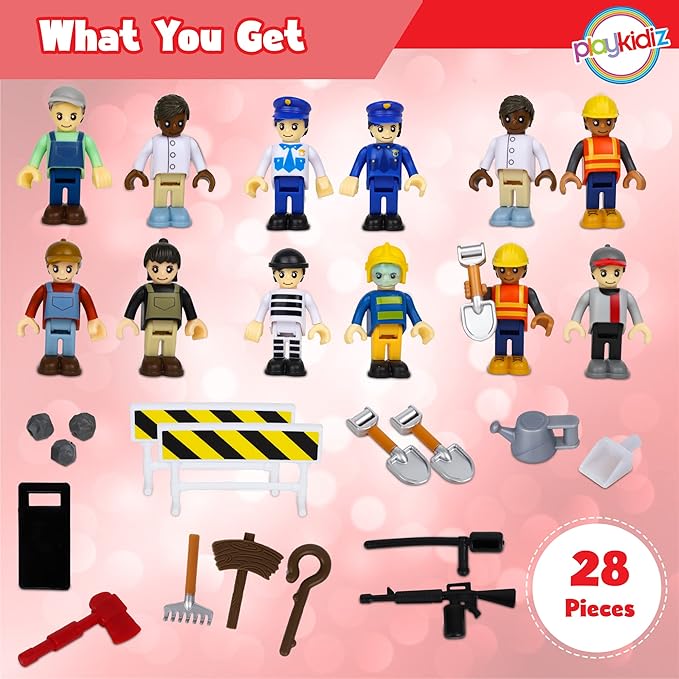 12 Toy Action Figures & Accessories, 2 Inch Play People Construction and Community Worker Figurines - Pretend Play Toys for Kids 3+ (28Pcs)