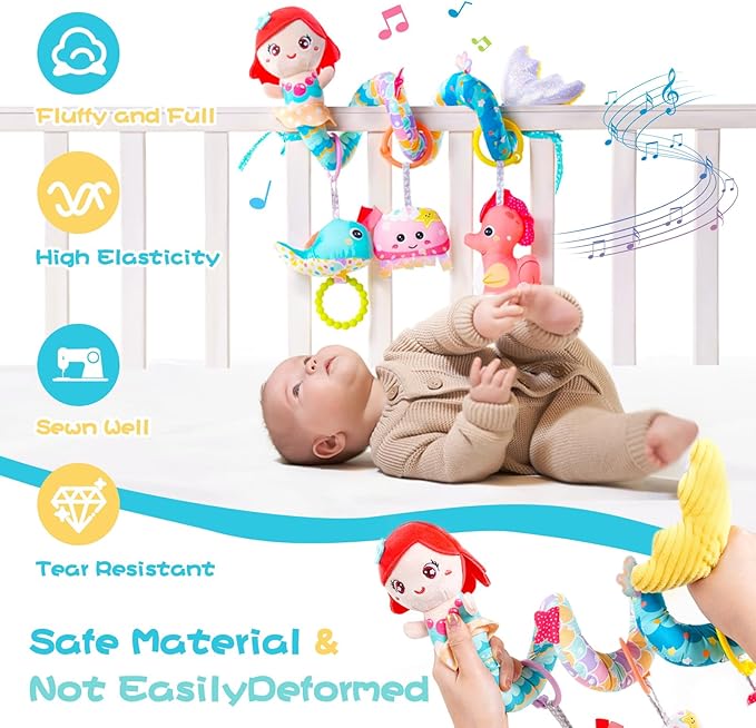 Koty Carseat Toys Hanging, Blue Mermaid Stroller Toys for Babies 0-6 Months, Baby Car Seat Toy with Crinkle, Teether, Music Box, Rattle, BB Squeaker for Babies Boys Girls Gifts (Blue Mermaid)