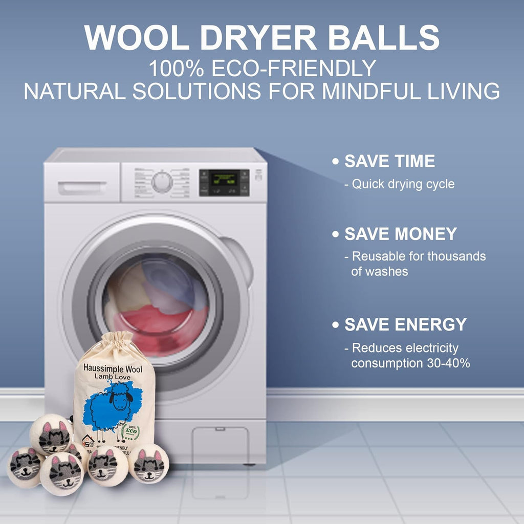 Wool Dryer Balls Organic Felt 6 Pack Laundry Fabric Softener, Extra Large Reusable Handmade Natural Sheep Wool Lint Wrinkle Free Anti Static Baby Safe (Cat)