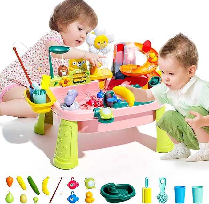 2026 Upgraded Toddler Sand Water Table Toy with Electric Water Pump, Kids Sand Water with Faucet/Play Food Accessories/Fishing Toy, Kitchen Play Sink Toys for Girl Boy Age 3+ (Pink)