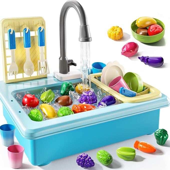 Play Sink with Running Water, Play Kitchen Toys Sink for Kids 3 4 5 6 7 Years Old, Electrical Dishwasher, Color Changing Kitchen Accessories, Dishes Games, Gifts for Toddlers 3-5