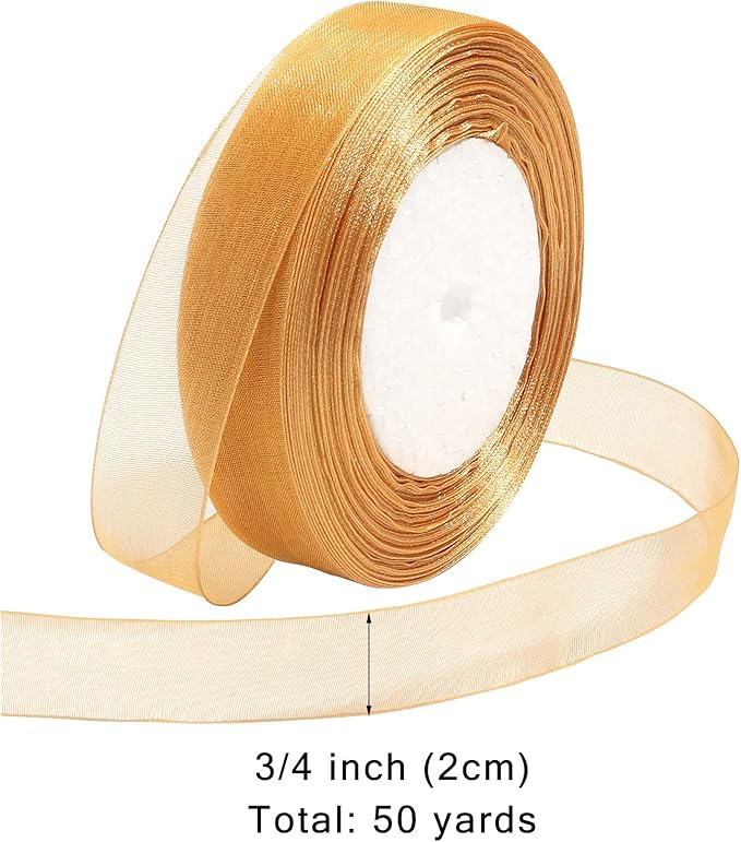 Ribbon for Gift Wrapping 3/4 inch Gold Sheer Organza Ribbon for Flower Bouquet Tulle Thin Chiffon Ribbons for Wedding Invitations Christmas Halloween Presents Decorations Crafts 50 Yards