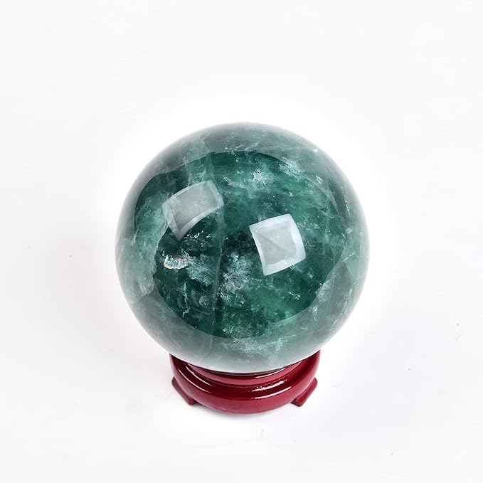 JIC Gem Big Green Fluorite Crystal Ball Sphere Decorative Ball with Wooden Stand for Meditation、Fengshui、Home Decors Healing Crystal Ball (90-100mm)