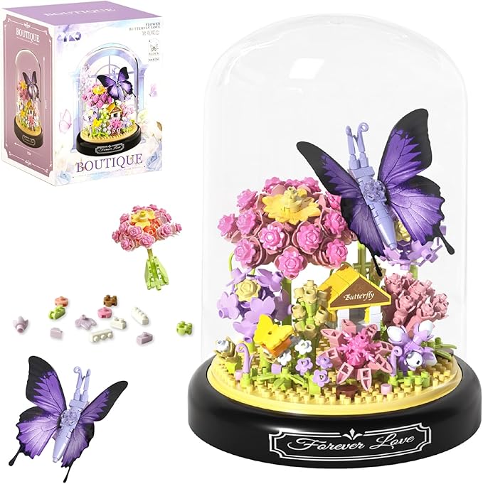 Flower Bouquet Building Set for Adults,582 PCS Animals Flowers Botanical Collection Mini Building Block Kit with Dust Cover,Butterfly Wildflower Bonzai Building Toys for Girl Women
