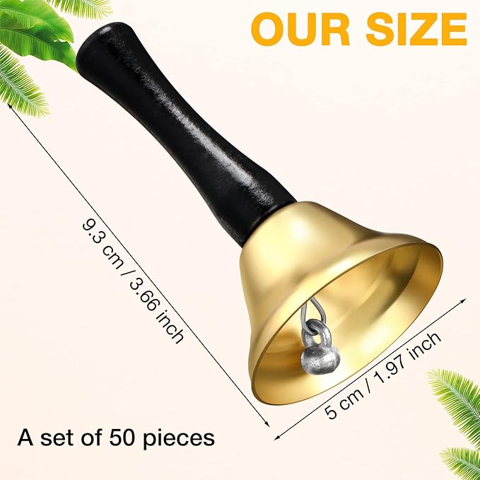 Yeshone 50 Pcs Hand Steel Call Bells Bulk Wedding Dinner Service Bells with Wood Handles for the Sick Elderly Alert Classroom Alarm, 1.97 x 3.66 Inches(Gold)