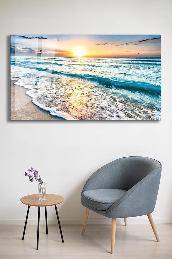 SpiritualHands Sea beach ocean white sand Tempered Glass Wall Art Painting for Living Room, Tempered Glass Modern Prints Decor, Large Vivid Color Panel for Bedroom, Kitchen, or Office