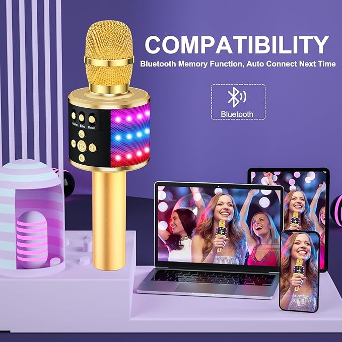 BONAOK Karaoke Microphone for Kids & Adults - Bluetooth Microphones Singing Mic with Disco Lights, Echo Effect, Built-in Speaker Portable Karaoke Player for Party Travel Gifts Q78(Gold)