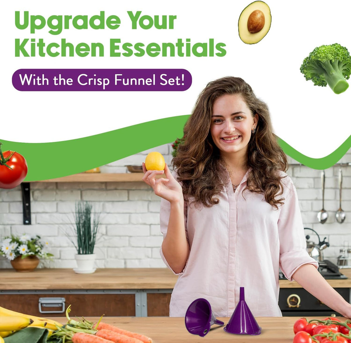 Crisp 2-Piece Funnel Set - All Purpose Funnels for Kitchen Use Filling Bottles - Durable & Dishwasher Safe Kitchen Funnel Set - Made in The USA - Purple