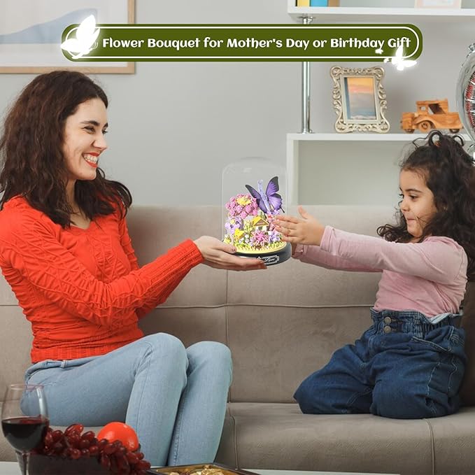 Flower Bouquet Building Set for Adults,582 PCS Animals Flowers Botanical Collection Mini Building Block Kit with Dust Cover,Butterfly Wildflower Bonzai Building Toys for Girl Women