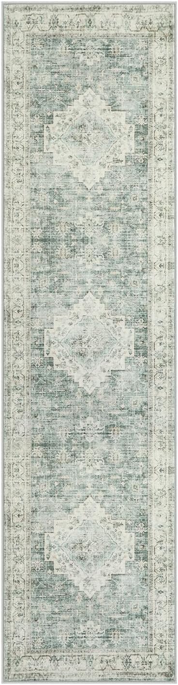 LIVEBOX Washable 2x8 Runner Rug for Bathroom, Non Slip Kitchen Mats for Floor Entryway, Boho Indoor Front Door Mat Low-Pile Runners for Hallways, Farmhouse Rugs for Laundry, Sage Green
