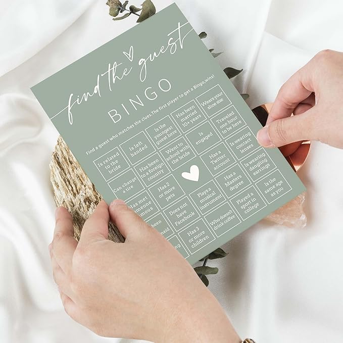 Bridal Shower Games Cards, 25Pcs Prefilled Find The Guest Bingo Game Cards, Engagement Party Games for Guests, Minimalist Green Wedding Party Supplies - C19
