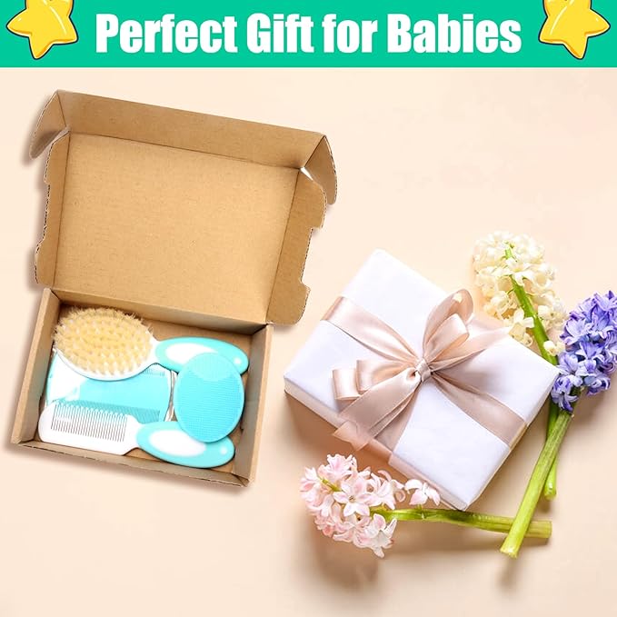 Baby Hair Brush and Comb Set, 4Pcs Baby Soft Bristles Hairbrush Cradle Cap Brush Hair Comb for Newborns Toddlers Boys Girls (Green)