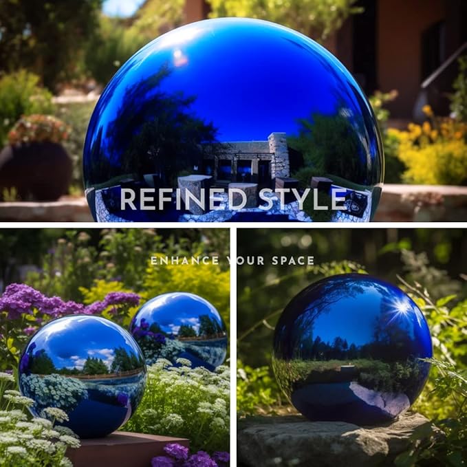 12 Inch Stainless Steel Gazing Globe,v2croft Hollow Ball Mirrored Surface Polished Shiny Sphere,Garden Stainless Steel Gazing Ball for Outdoor Lawn Pond Yard Ornament(Blue)
