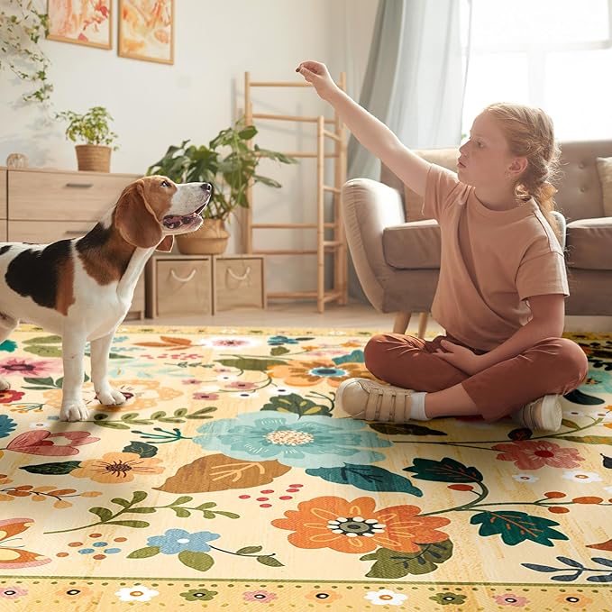 Floral 2x10 Area Rug Machine Washable Soft Print Boho Carpet Non Slip Doormat Low Pile Flower Area Rugs for Living Room Bedroom Nursery Kitchen Dining Room Indoor-Ivory/Yellow