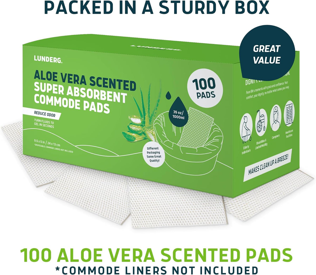 Lunderg Aloe Scented Super Absorbent Commode Pads - Medical Grade Value Pack 100 Count - for Disposable Bedside Commode Liners, Adult Chairs, Portable Buckets & Camping Toilet Bags - Light Scent