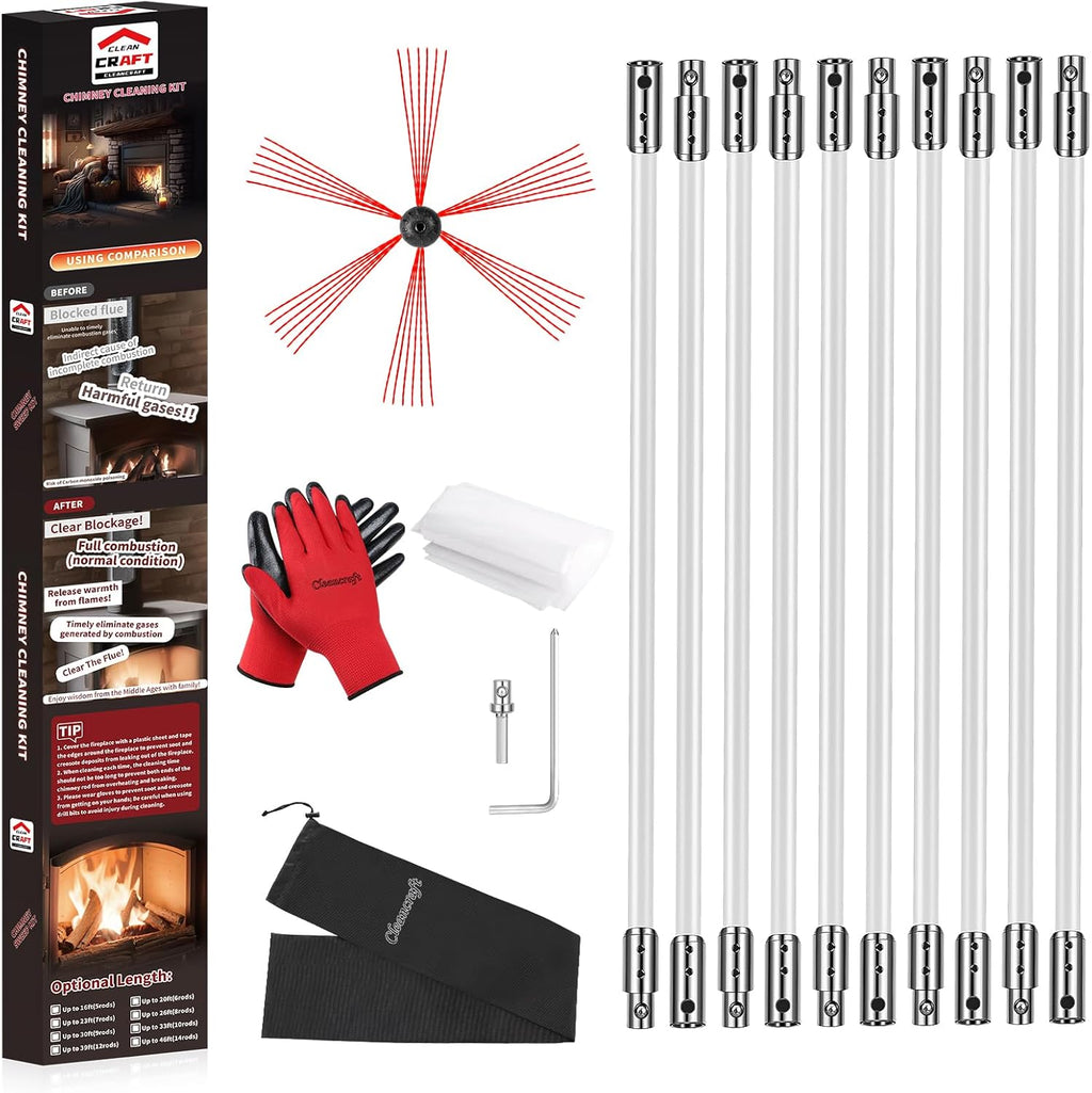 Chimney Sweep Kit - 33 Feet, 10 Flexible Rods, Brush & Drill-Driven Rotary System