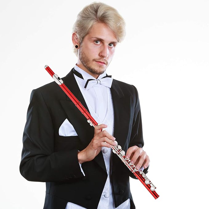 EastRock Closed Hole Flutes C 16 Key for Beginner, Kids, Student -Nickel Flute with Case Stand and Cleaning kit (Red)