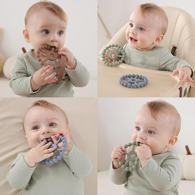 3 Pack Ring Teether Baby Infant Toys, Baby Essentials, Silicone Teething Ring Toys for Babies 0-6 Months, Seposeve Toddler Teethers 6-12 Months 12-24 Months, Infant Teething Relief, Brown Green Blue