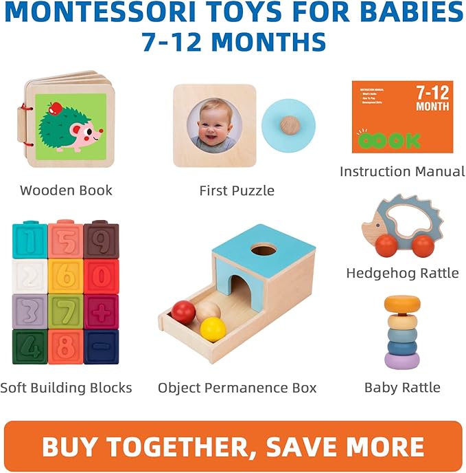 TOOKYLAND Montessori Toys for Babies 6-12 Months, 7 in 1 Learning Educational Set Wooden Toys (Includes Baby Rattle, Object Permanence Box, Wooden Book, Teething Toy and More)