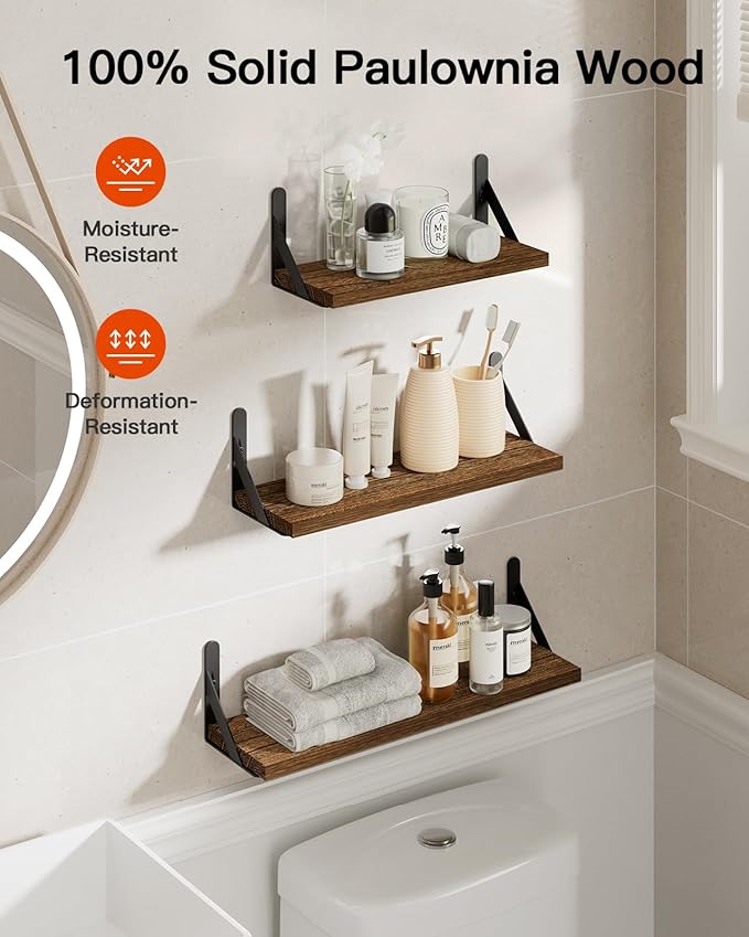 AMADA HOMEFURNISHING Wall Shelves Set of 6, Rustic Farmhouse Floating Shelves for Bedroom, Bathroom & Living Room, Brown Wood