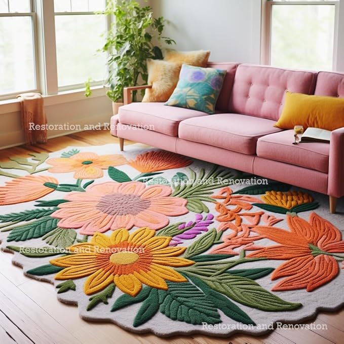 Handmade Wool Floral Area Rug for Living Room | Elegant Flower Garden Design, Soft, Thick and Durable | Bedroom, Dining Room & Home Decor Carpet (5' Round, Floral G)