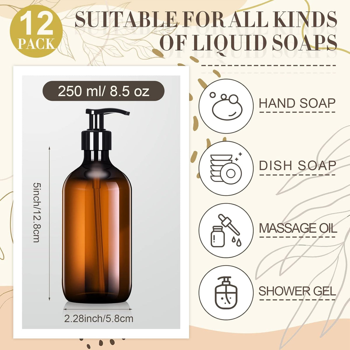 Tessco for you 12 Pack Amber Soap Dispenser Empty Plastic Pump Bottles Dispenser Refillable Shampoo Container for Hand Sanitizer Soap Lotion Body Wash Conditioner Bathroom Kitchen Travel(8.5 oz)