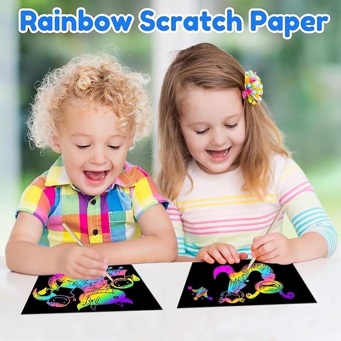ZMLM Scratch Art Crafts Boys Gifts, 60 Rainbow Scratch Paper Art Gifts for 3 4 5 6 7 8 9 10 Years Old Girls and Boys Kids, Arts and Crafts for Kids 4-6 Birthday Toys and Games Activities Gift (Blue)