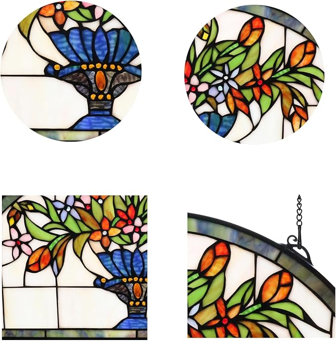 24 inch Flower Stained Glass Window Hanging Half Moon Shade,100% Real Stained Glass Panelfor Home Decor(YLK005)