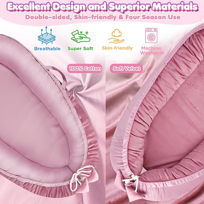 Baby Lounger - Baby Lounger for Newborn 0-24 Months, Breathable & Soft Cotton and Velvet Cover Baby Nest, Portable Tummy Time Lounger for Home and Travel, Ideal Baby Essentials & Shower Gifts