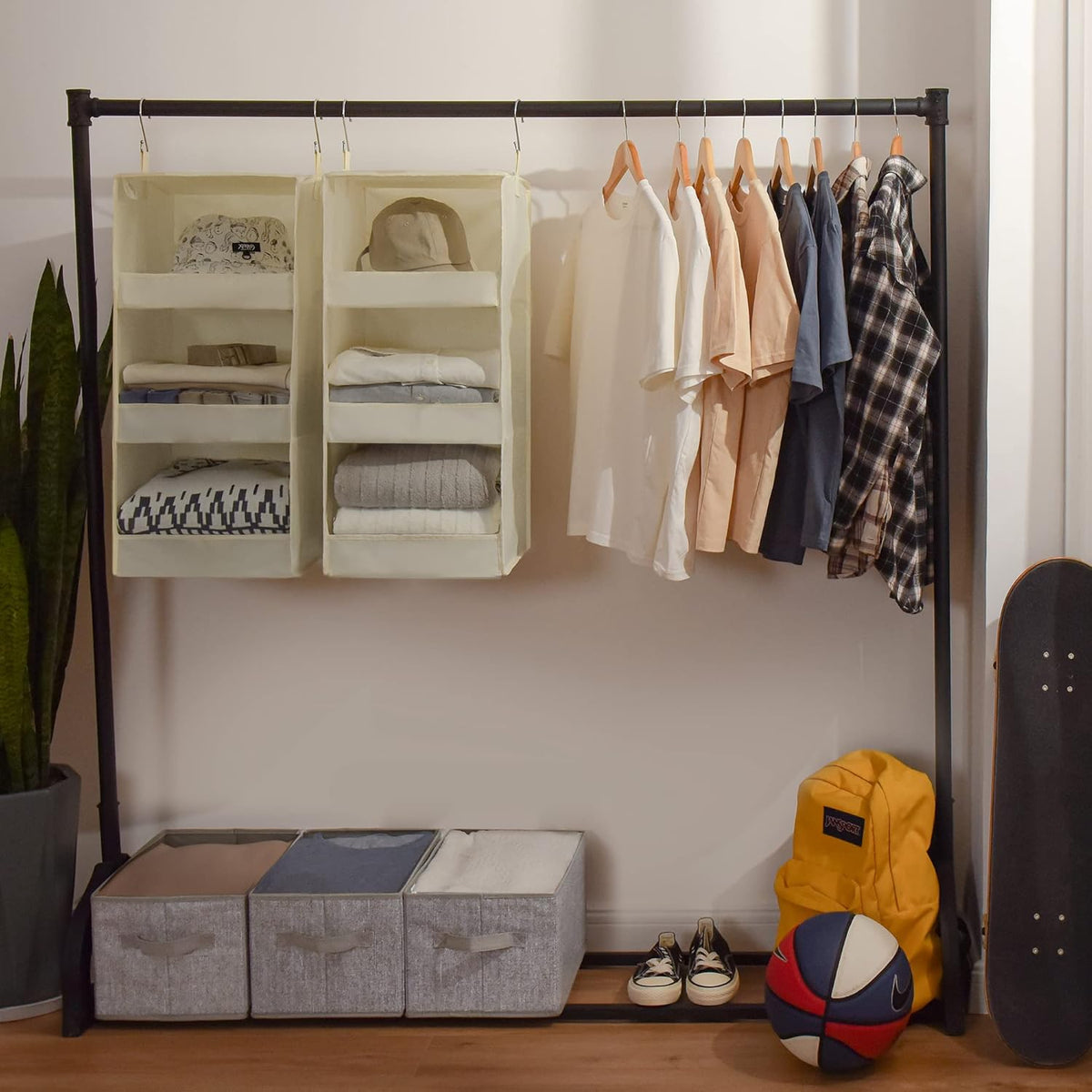 GRANNY SAYS 3-Shelf Hanging Organizer, Foldable Hanging Closet Storage, Closet Shelves Organizer for Camper, Beige, 29 ½" H X 12" W X 12" D, 2-Pack