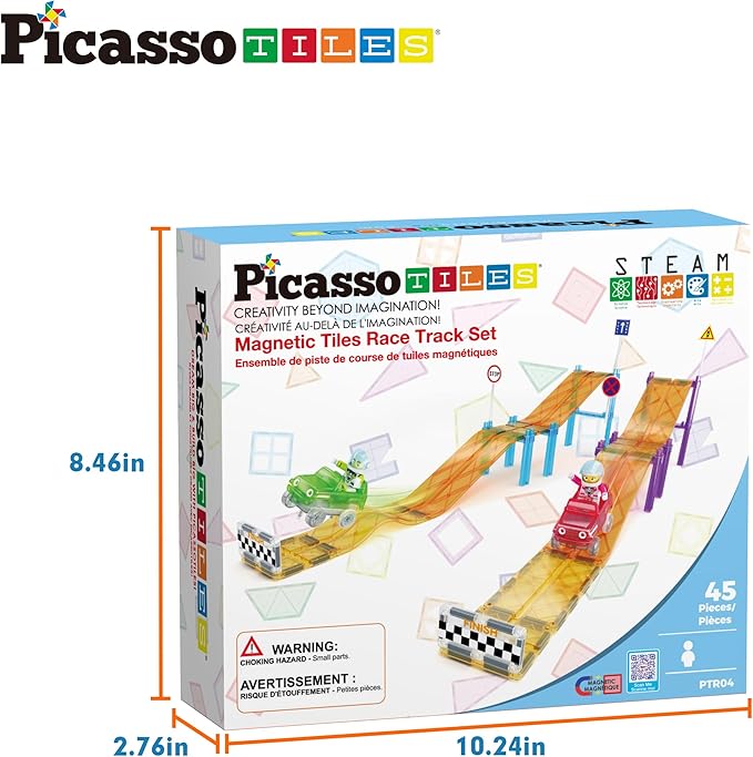 PicassoTiles Magnetic Race Track Car Slide Magnet Building Blocks Tiles Sensory Toys for Kids Toddlers Include Trucks Character Action Figures STEM Learning Kit Races School Age 3+ year Old Boys Girls