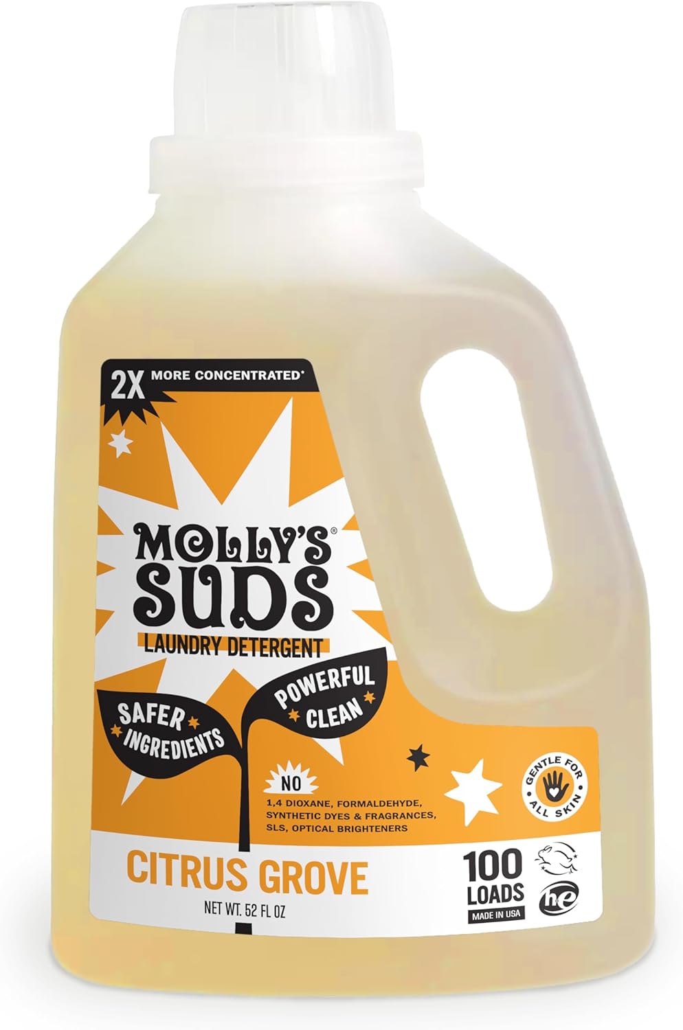 Molly's Suds Liquid Laundry Detergent | Clean Laundry Detergent Soap for Sensitive Skin | 2x Concentrated, High Efficiency (HE) | Citrus Grove - 100 Loads