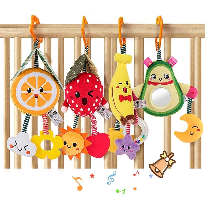 TUMAMA Baby Toys for 3 6 9 12 Months,Hanging Fruit Rattles Avocado,Banana,Orange and Strawberry,Stroller Mobile Toys,Plush Soft Rattles for Boys,Girls Christmas Gifts,4 Pack