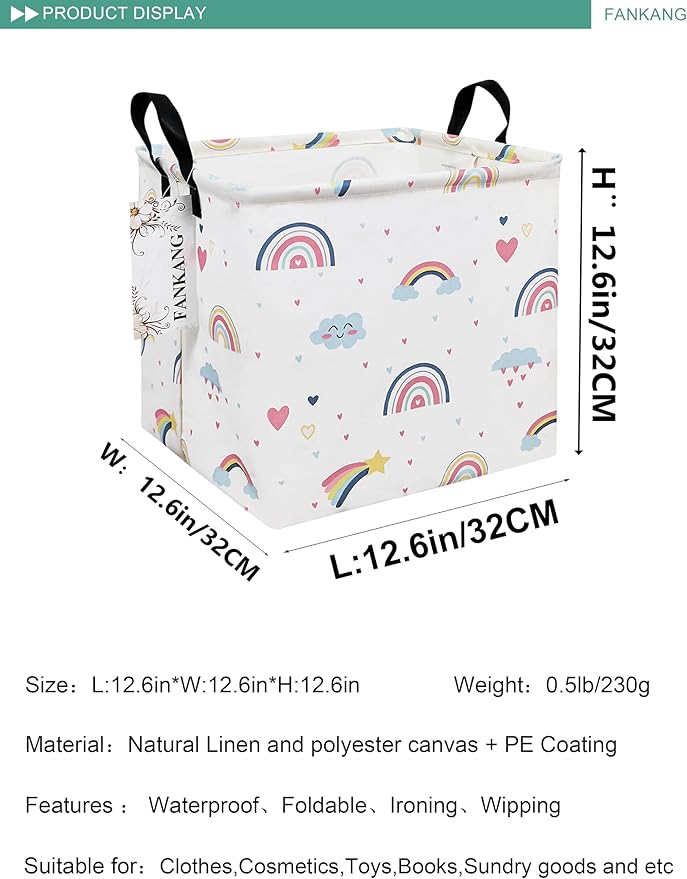 FANKANG Square Nursery Hamper Storage Bins Canvas Laundry Basket Foldable with Waterproof PE Coating Storage Baskets Gift Baskets for Children, Office, Bedroom, Clothes（Square-Love Rainbow ）